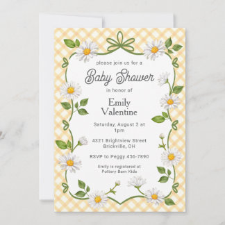 010 Amber Orange Floral Daisy Plaid Baby Shower Invitation