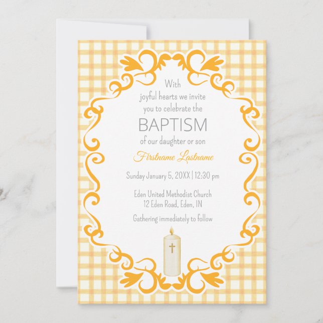 010 Amber Scroll Gingham Cross Candle Baptism Invitation (Front)