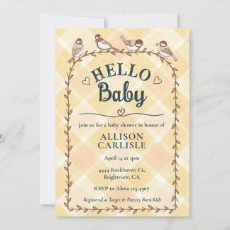 010 Amber Watercolor Gingham Birds Baby Shower Invitation