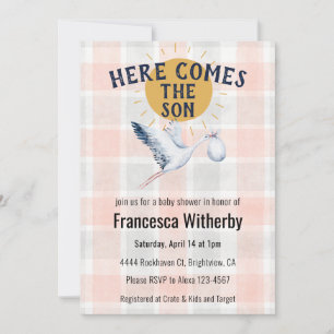 011 Terracotta 020 Fog Sun Plaid Stork Baby Shower Invitation