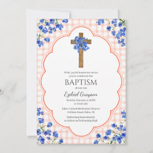 011 Terracotta Blossom Rustic Cross Design Baptism Invitation