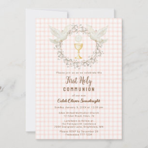 011 Terracotta Chalice Gingham 1st Communion Invitation
