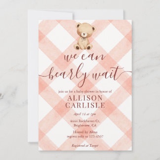 011 Terracotta Teddy Bear Gingham Baby Shower Invitation