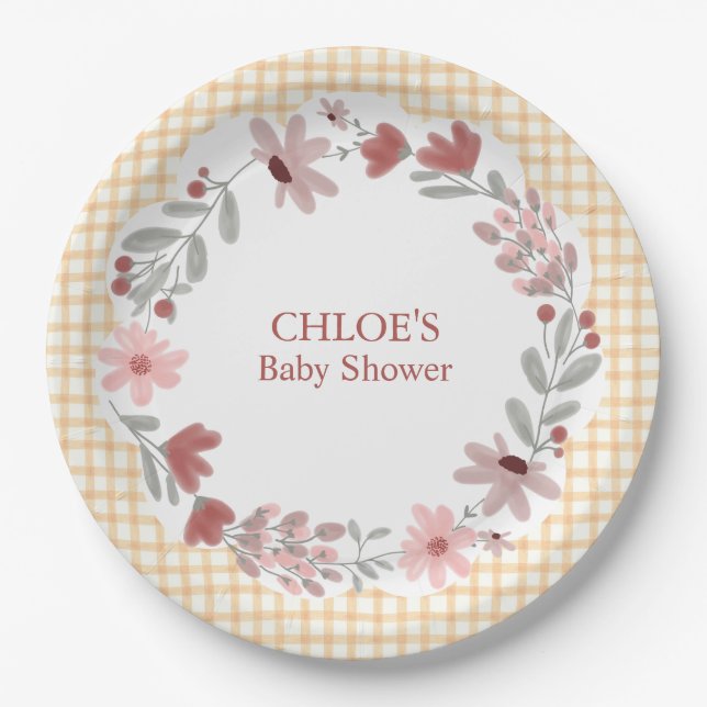 012 Copper Wildflower Bow Frame Gingham Paper Plates (Front)