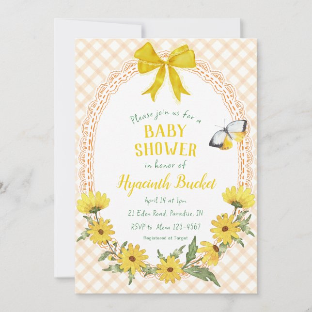 012 Copper Yellow Daisy Bow Gingham Baby Shower Invitation (Front)