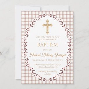 013 Chocolate Botanical Vine Ornate Cross Baptism Invitation