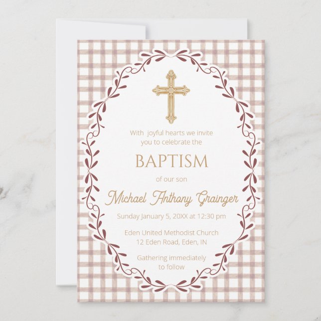 013 Chocolate Botanical Vine Ornate Cross Baptism Invitation (Front)