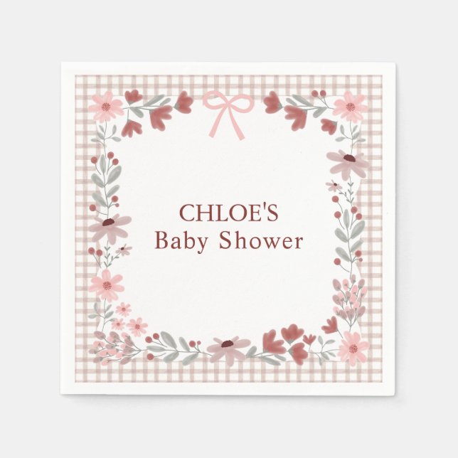 013 Chocolate Brown Wildflower Bow Gingham Shower Napkins (Front)
