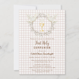 013 Chocolate Dove & Chalice Gingham 1st Communion Invitation