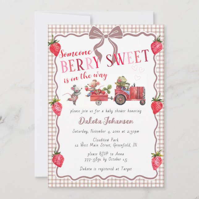 013 Chocolate Gingham Berry Sweet Farm Baby Shower Invitation (Front)