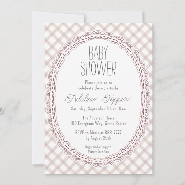 013 Chocolate Vintage Frame Gingham Baby Shower Invitation (Front)