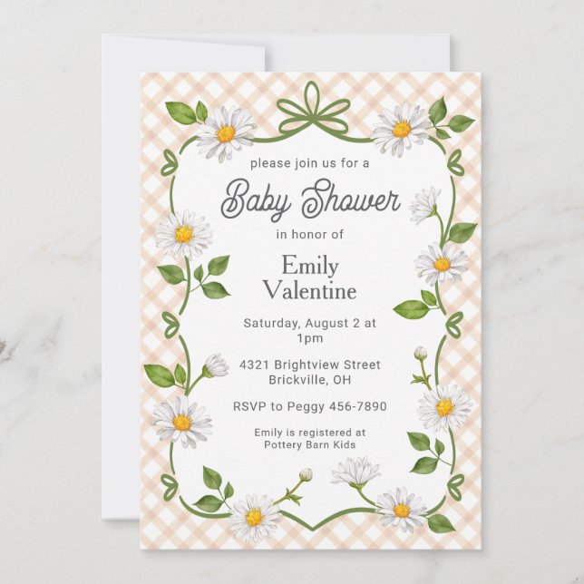 014 Latte Brown Floral Daisy Plaid Baby Shower Invitation (Front)