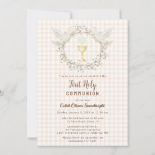 014 Latte Dove & Chalice Gingham 1st Communion Invitation
