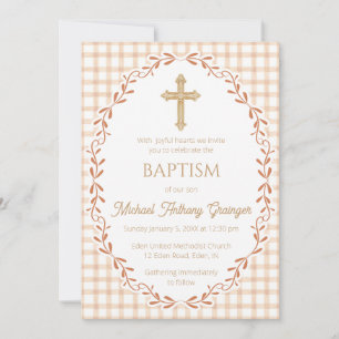 014 Latte Tan Botanical Vine Ornate Cross Baptism Invitation