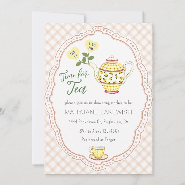 014 Latte Tan Cute Gingham Tea Party Baby Shower Invitation (Front)