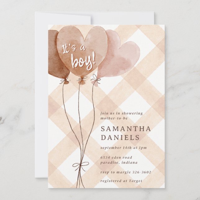 014 Latte Tan Heart Balloon Gingham Baby Shower Invitation (Front)