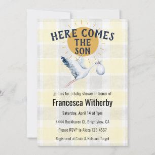 015 Lemon 020 Fog Sun Plaid Stork Baby Shower Invitation