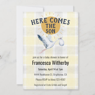 015 Lemon 020 Fog Sun Plaid Stork Baby Shower Invitation