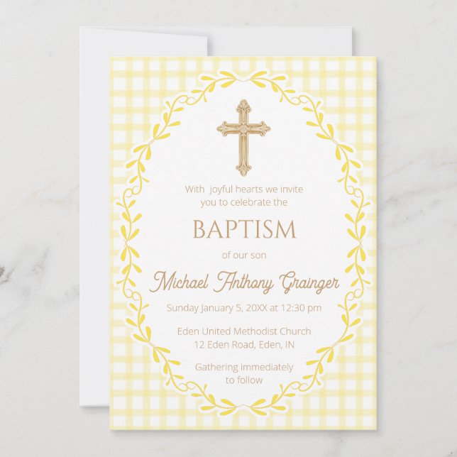 015 Lemon Botanical Vine Ornate Cross Baptism Invitation (Front)