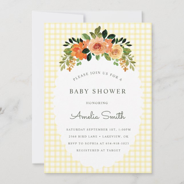 015 Lemon Floral Gingham Baby Shower Invitations (Front)