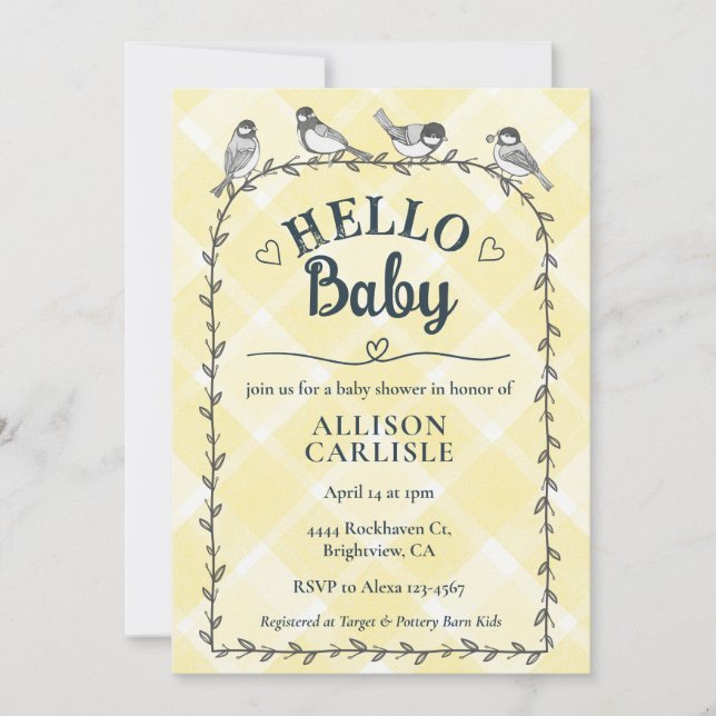 015 Lemon Watercolor Gingham Birds Baby Shower Invitation (Front)