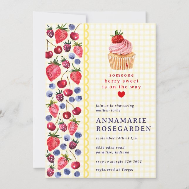 015 Lemon Yellow Berry Patch Cupcake Baby Shower Invitation (Front)