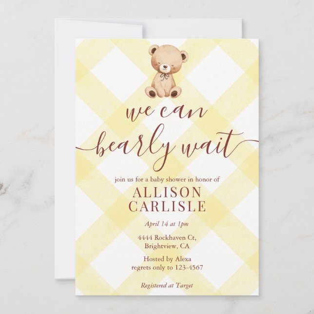 015 Lemon Yellow Teddy Bear Gingham Baby Shower Invitation (Front)