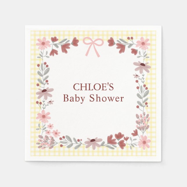 015 Lemon Yellow Wildflower Bow Gingham Shower Napkins (Front)