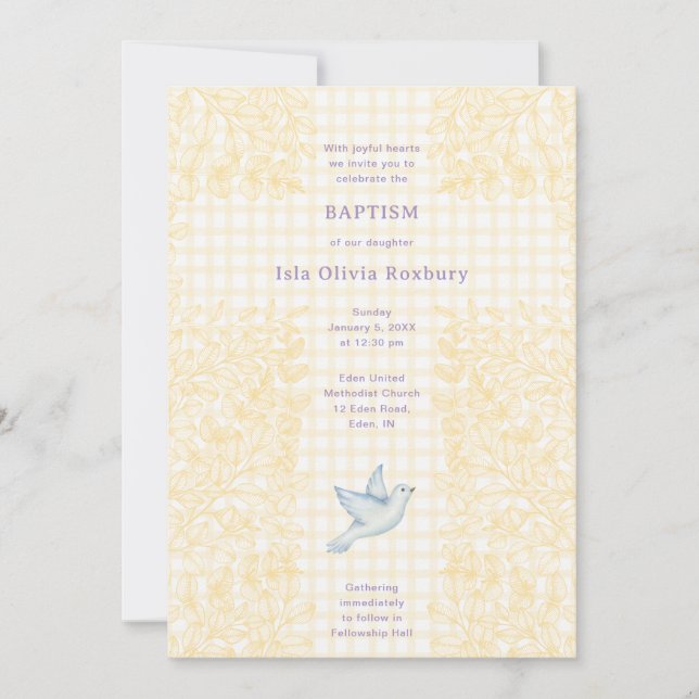 016 Marigold Dove Botanical Cross Gingham Baptism Invitation (Front)