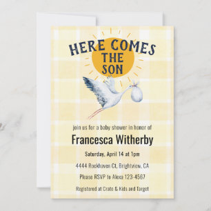 016 Marigold Gingham Plaid Stork Boho Baby Shower Invitation