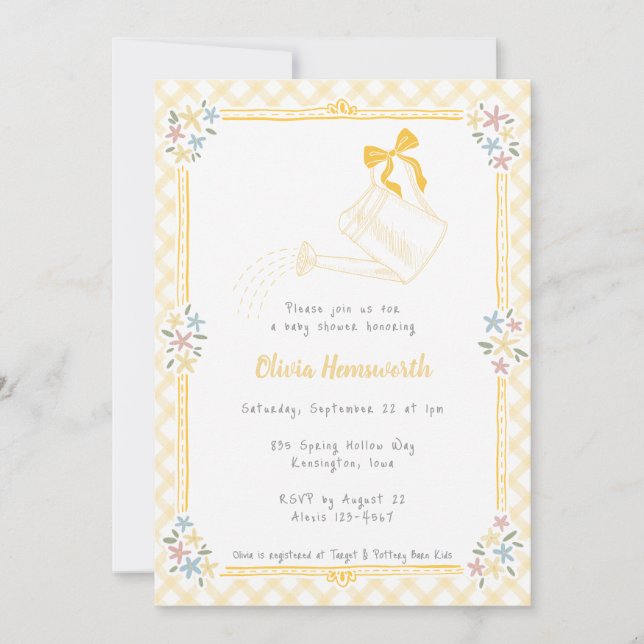 016 Marigold Gingham Watering Can Baby Shower Invitation (Front)