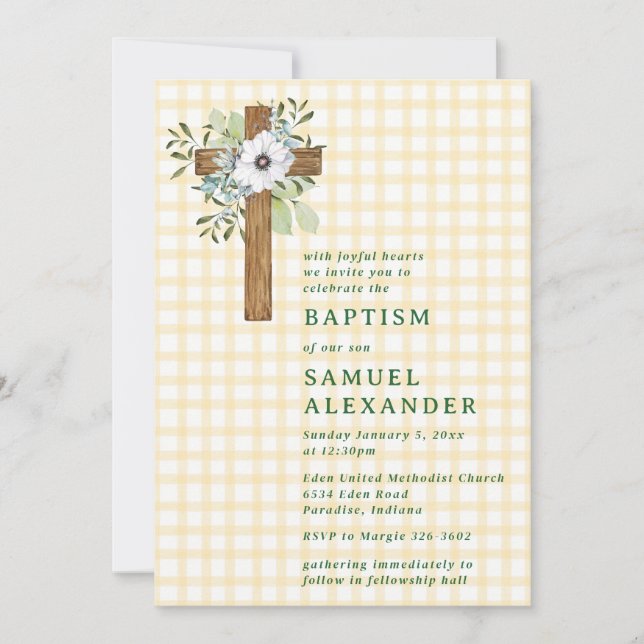 016 Marigold Rustic Greenery Wooden Cross Baptism Invitation (Front)