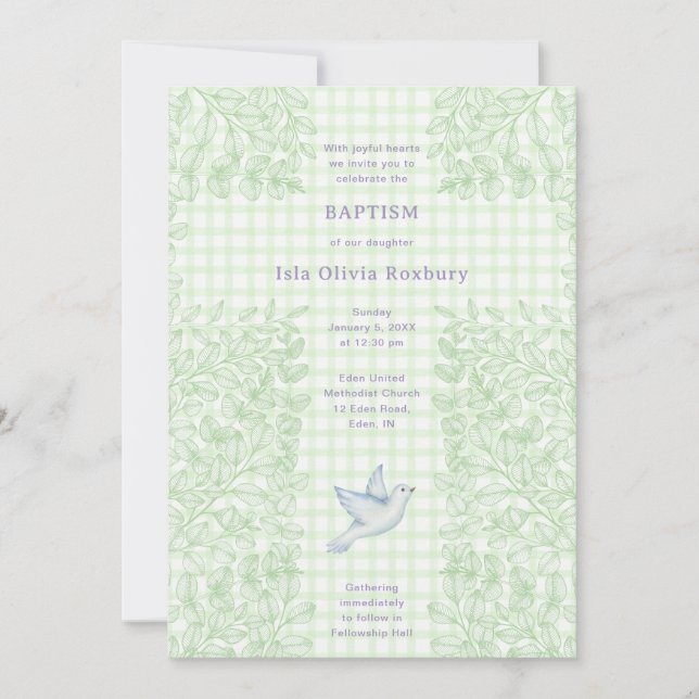 017 Moss Dove Botanical Cross Gingham Baptism Invitation (Front)