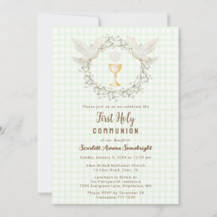 017 Moss Dove & Chalice Gingham 1st Communion Invitation