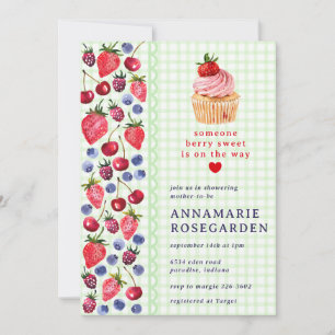 017 Moss Green Berry Patch Cupcake Baby Shower Invitation