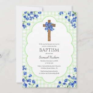 017 Moss Green Blossom Rustic Cross Design Baptism Invitation