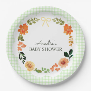 017 Moss Green Floral Gingham Baby Shower Paper Plates