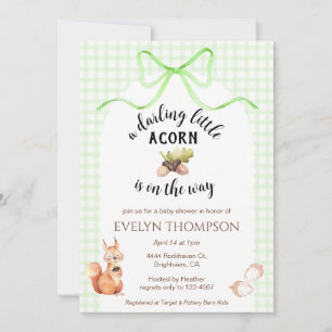 017 Moss Green Squirrel Acorn Gingham Baby Shower Invitation