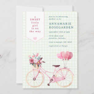 017 Moss Green Sweet Floral Girl Bike Baby Shower Invitation