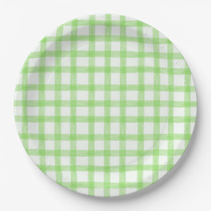 017 Moss Green Watercolor Gingham L Paper Plates