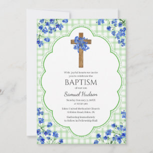 018 Grass Blossom Rustic Cross Design Baptism Invitation