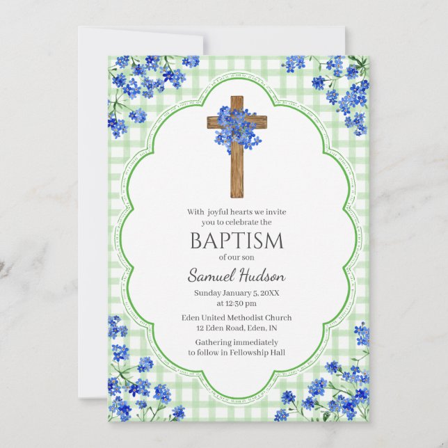 018 Grass Blossom Rustic Cross Design Baptism Invitation (Front)