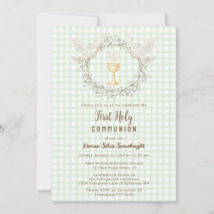 018 Grass Dove & Chalice Gingham 1st Communion Invitation