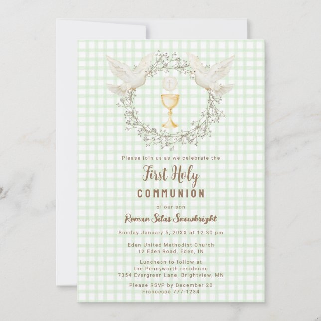 018 Grass Dove & Chalice Gingham 1st Communion Invitation (Front)