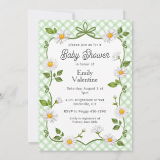 018 Grass Green Floral Daisy Plaid Baby Shower Invitation