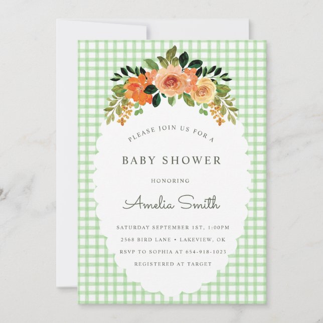 018 Grass Green Gingham Baby Shower Invitations (Front)