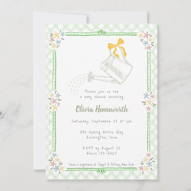 018 Grass Green Gingham Watering Can Baby Shower Invitation (Front)