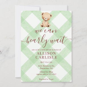 018 Grass Green Teddy Bear Gingham Baby Shower Invitation