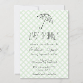 018 Grass Green Umbrella Gingham Baby Sprinkle Invitation