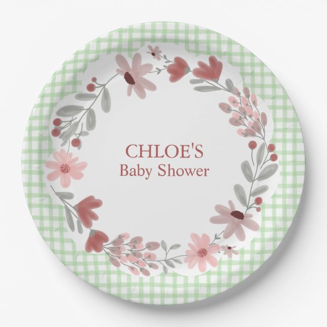 018 Grass Green Wildflower Bow Frame Gingham Paper Plates (Front)
